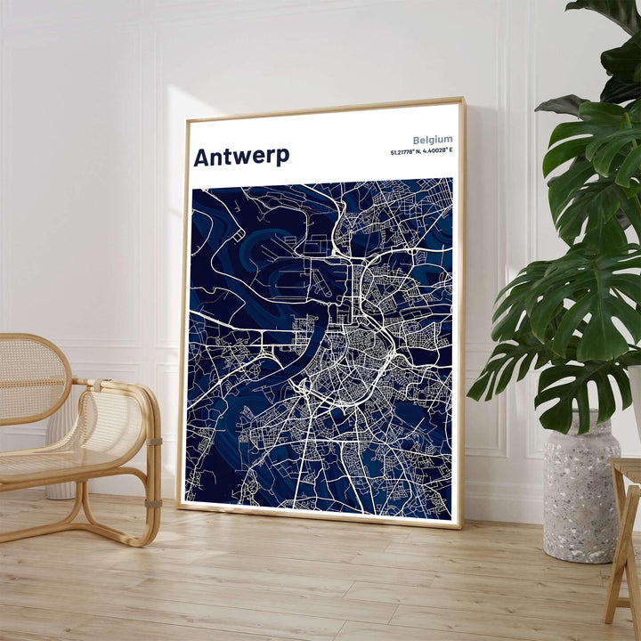 An Antwerp Belgium map poster featuring crisp white vector street lines over a deep dark navy blue background with coordinates and clean typography. Available from MapYourDreams in various choices like standalone unframed paper, tailored wooden frames, and gallery-wrapped canvas options.