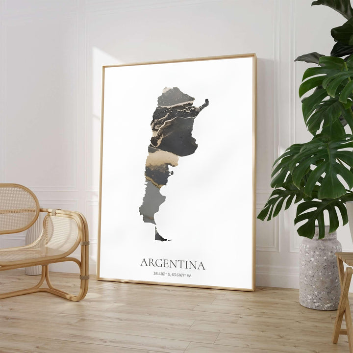 Modern Argentina abstract map poster featuring dark charcoal and shimmering gold line art on a clean white background. Offered by MapYourDreams, this artwork is available in flexible options including unframed paper, custom wooden frames, and gallery canvas wraps to suit any interior aesthetic.