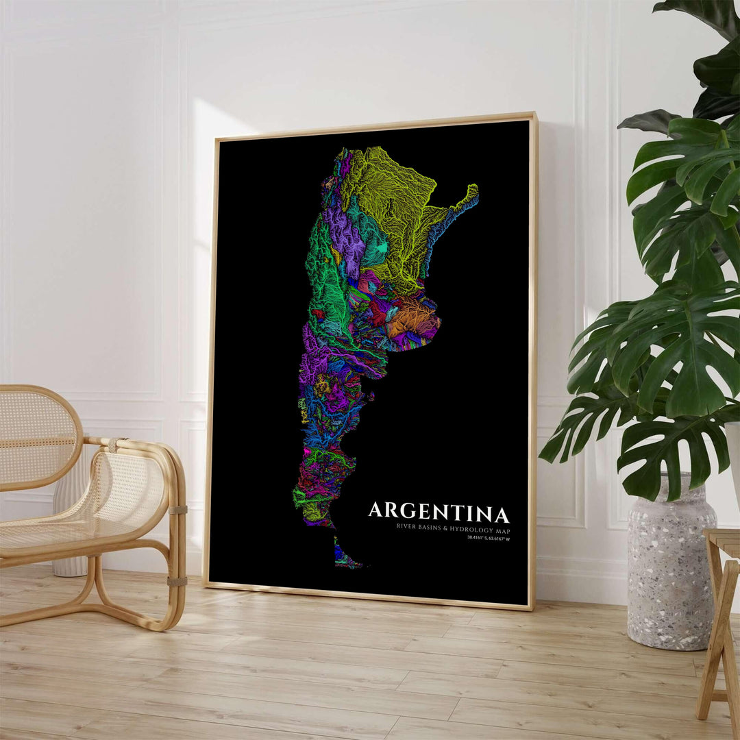 Luminous hydrology map poster of Argentina featuring rainbow-colored river catchment basins on an obsidian dark backdrop. Available through MapYourDreams, customers can select from versatile presentation formats including fine art paper, solid wood frames, and stretched canvas options.