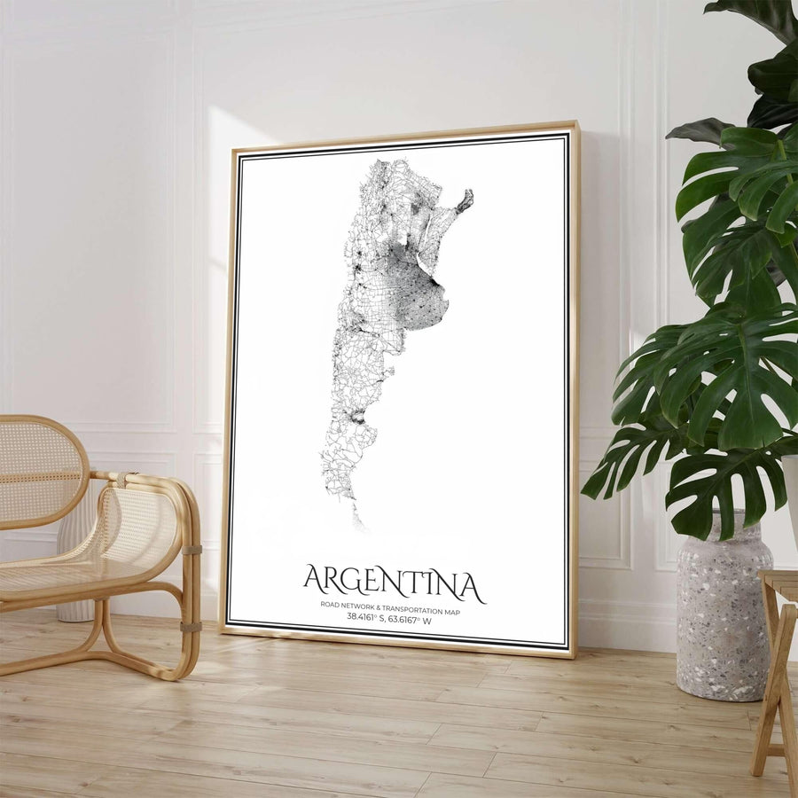Sleek black and white Argentina road system poster outlining intricate transit arteries in fine dark line detailing. Created by MapYourDreams, the collection provides seamless choices including roll-packed paper prints, protective wood frames, and gallery canvas options.