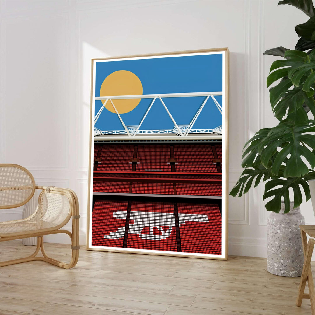 Colorful vector illustration showing the interior seating stands and white roof framework of Emirates Stadium against a bright blue sky and sun. Available through MapYourDreams, this sports decor piece is supplied in versatile forms such as archival paper prints, custom wooden frames, and gallery canvas wraps.