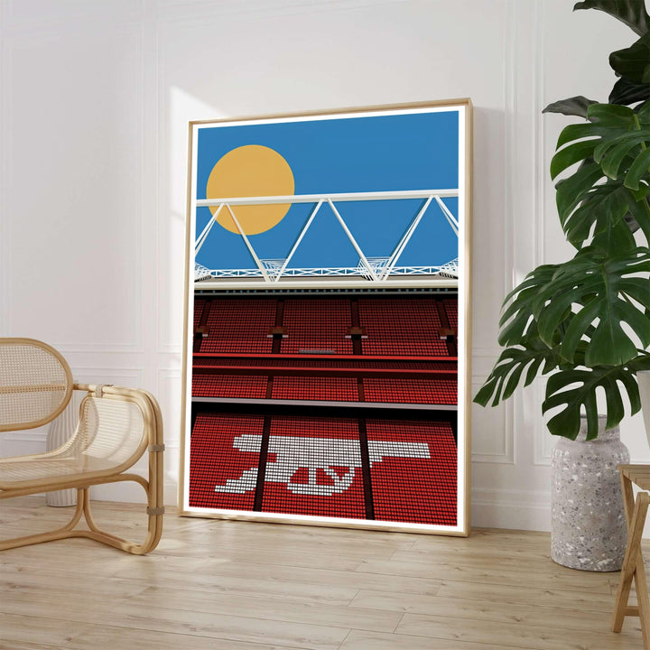 Colorful vector illustration showing the interior seating stands and white roof framework of Emirates Stadium against a bright blue sky and sun. Available through MapYourDreams, this sports decor piece is supplied in versatile forms such as archival paper prints, custom wooden frames, and gallery canvas wraps.