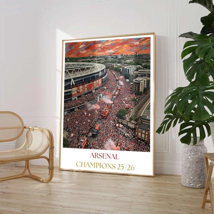 Impressionist oil painting art print depicting the Arsenal 25/26 Champions victory parade surrounding Emirates Stadium in North London, available as unframed prints, framed options, or canvas wall decor.