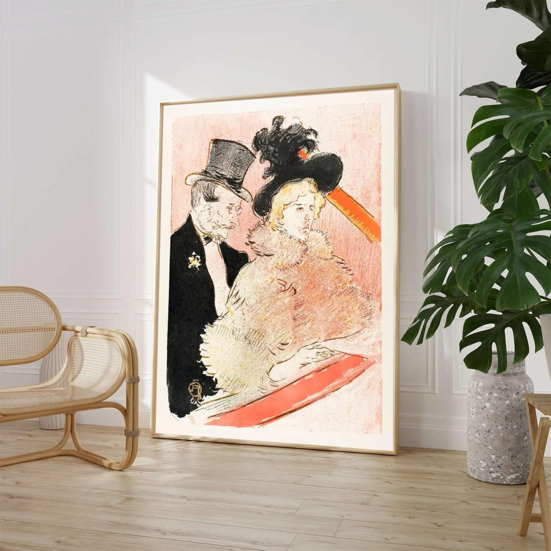 Vintage French theater box poster print of At The Concert (1896), Henri de Toulouse-Lautrec illustrating 1890s nightlife at a performance venue in Paris, France. MapYourDreams supplies custom framed paper prints, unframed wall art, and stretched canvas prints for interior styling.