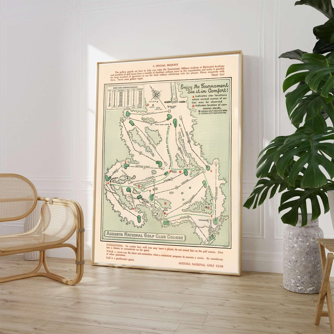Mid-century cartographic Augusta Georgia golf course map wall art showing spectator viewing stations and hole routings in soft green and pink tones. Offered by MapYourDreams, this artwork is available in flexible options including unframed paper, custom wooden frames, and gallery canvas wraps for tailored home wall decor setups.