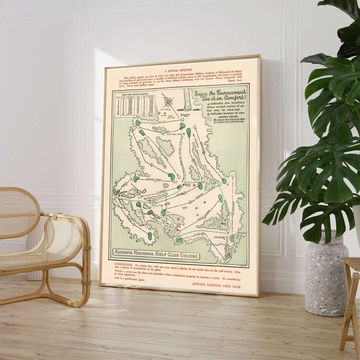 Mid-century cartographic Augusta Georgia golf course map wall art showing spectator viewing stations and hole routings in soft green and pink tones. Offered by MapYourDreams, this artwork is available in flexible options including unframed paper, custom wooden frames, and gallery canvas wraps for tailored home wall decor setups.