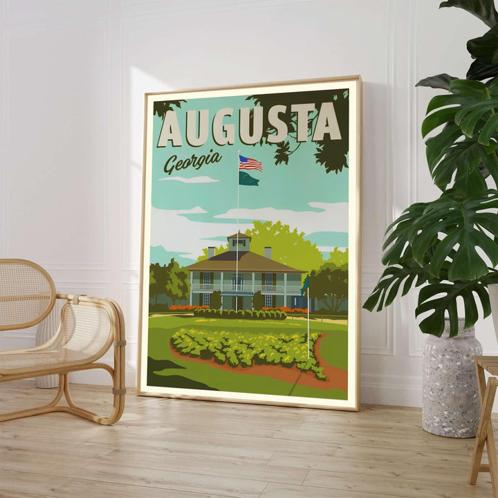 Augusta Georgia clubhouse wall art showing the white veranda, central cupola, and flying American flag surrounded by green trees. Offered by MapYourDreams, this artwork is available in flexible options including unframed paper, custom wooden frames, and gallery canvas wraps for tailored home wall decor setups.