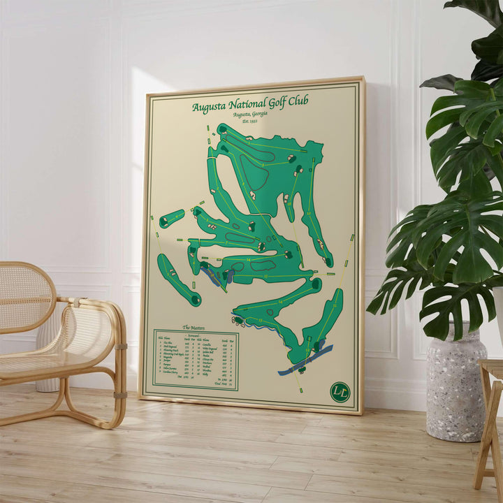 Minimalist Augusta Georgia golf course map wall art displaying hole routings, sand bunkers, and slate blue water hazards. Offered by MapYourDreams, this artwork is available in flexible options including unframed paper, custom wooden frames, and gallery canvas wraps for tailored home wall decor setups.