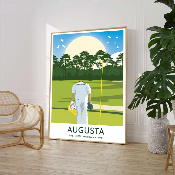Hideki Matsuyama caddie bow poster showcasing a caddie in white overalls bowing to the 18th fairway beneath pine trees and a glowing sun at Augusta Georgia. Offered by MapYourDreams, this artwork is available in flexible options including unframed paper, custom wooden frames, and gallery canvas wraps for tailored home wall decor setups.