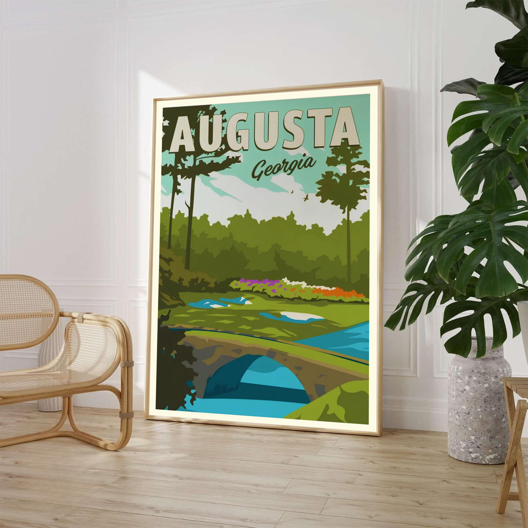 Hogan Bridge golf wall decor highlighting the arched stone structure over turquoise waters leading to the green at Augusta Georgia. Offered by MapYourDreams, this artwork is available in flexible options including unframed paper, custom wooden frames, and gallery canvas wraps for tailored home wall decor setups.