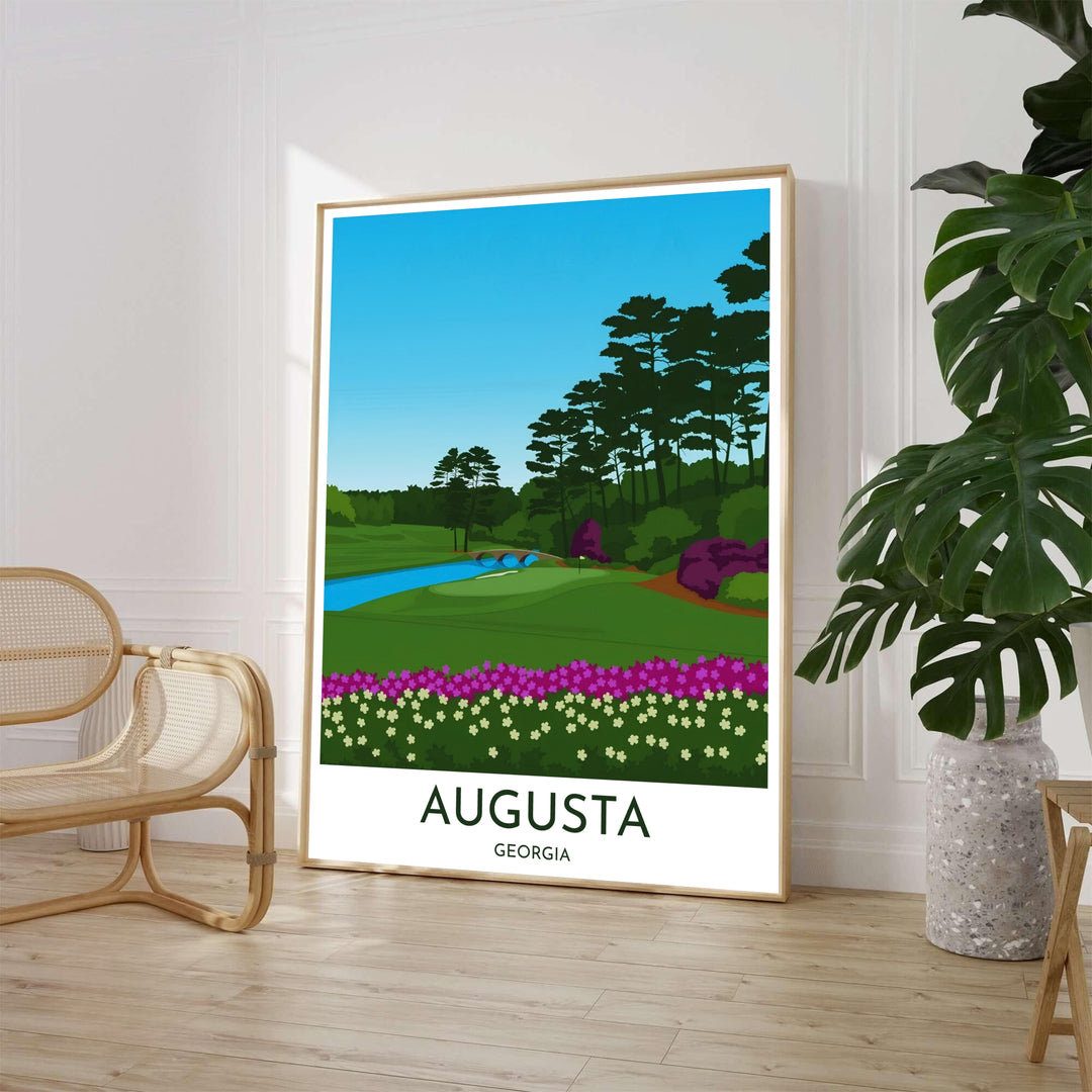 Minimalist Hole 12 Golden Bell poster showcasing bright magenta and white flora, clean green turf, and the iconic stone arch bridge spanning Rae&