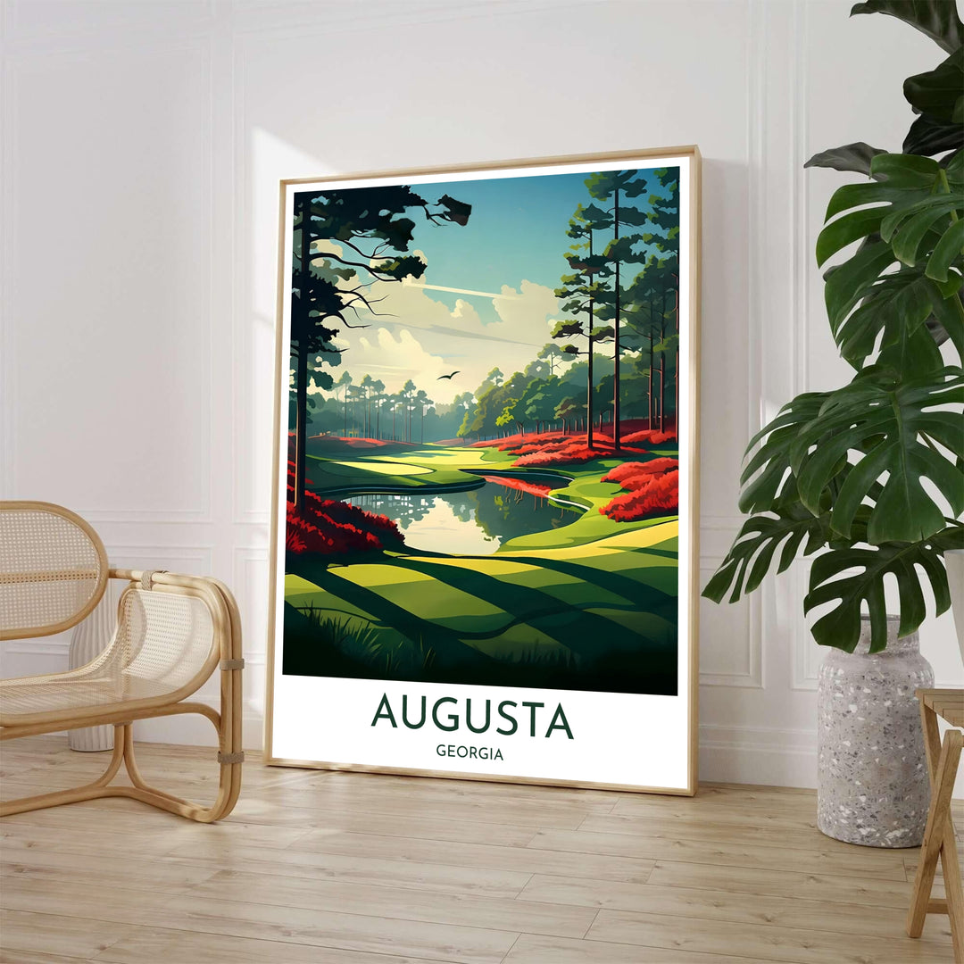Scenic Hole 13 Azalea golf poster showcasing the vibrant crimson floral banks and reflective waters of Rae&