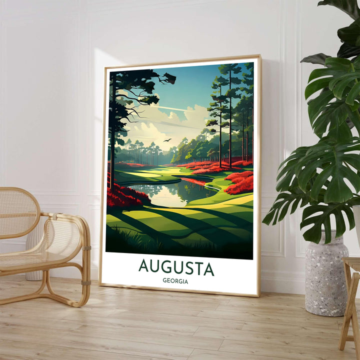 Scenic Hole 13 Azalea golf poster showcasing the vibrant crimson floral banks and reflective waters of Rae&