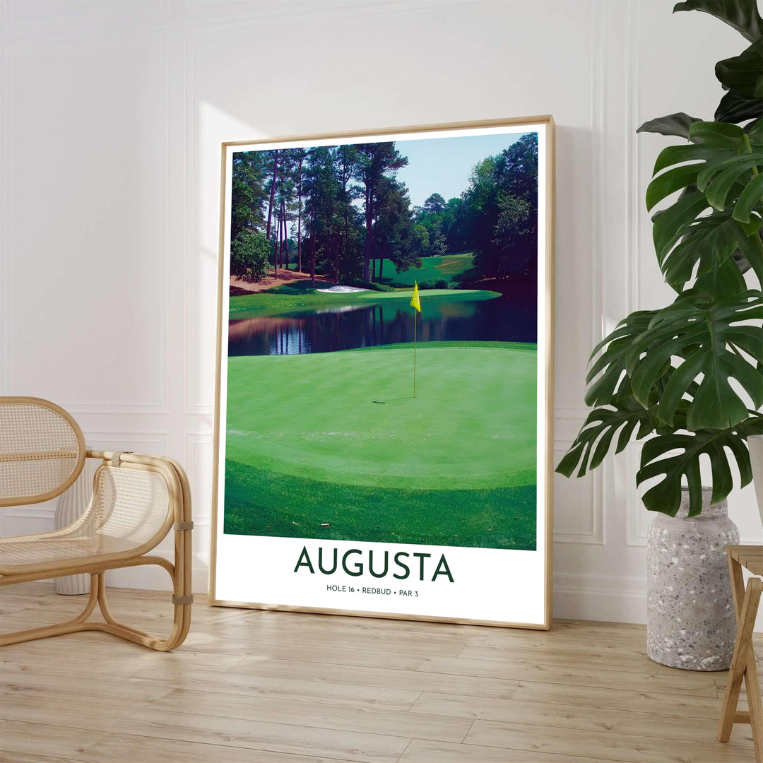 Scenic Hole 16 Redbud golf photo poster showcasing the lush green putting turf, bright yellow flagstick, and still water reflections at Augusta Georgia. Offered by MapYourDreams, this artwork is available in flexible options including unframed paper, custom wooden frames, and gallery canvas wraps for tailored home wall decor setups.