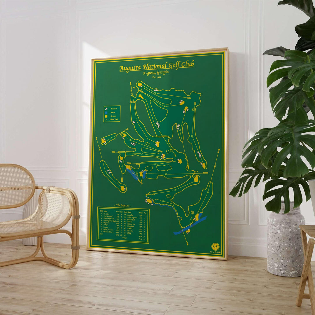 Forest green and gold Augusta National Golf Club map poster showcasing hole trails, water hazards, bunkers, greens, and classic typography. Offered by MapYourDreams, this artwork is available in flexible options including unframed paper, custom wooden frames, and gallery canvas wraps for tailored home wall decor setups.