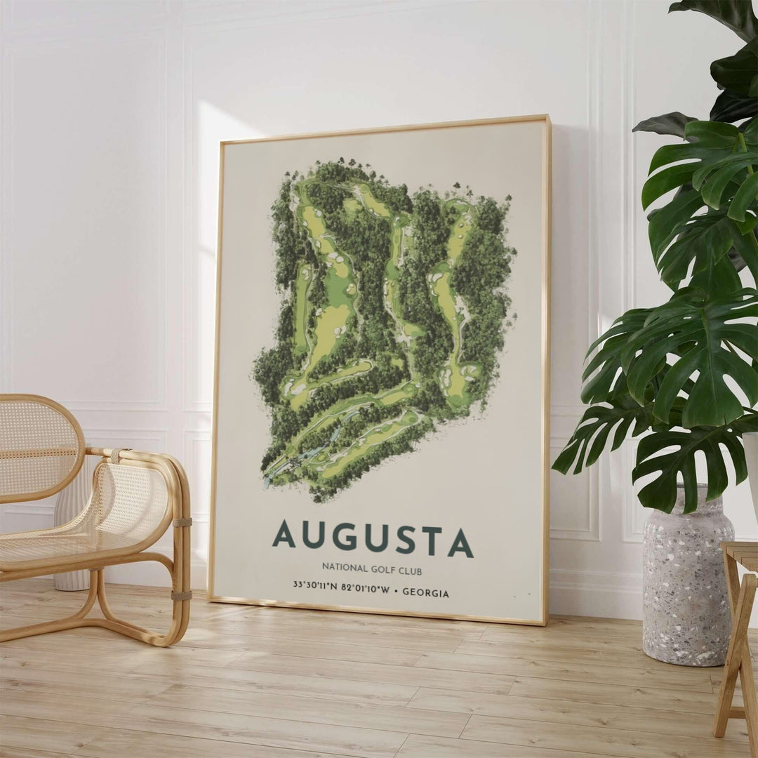 Minimalist green and cream Augusta National Golf Club aerial poster highlighting dense pine forest boundaries, pale fairways, sand traps, and bold bottom typography. Offered by MapYourDreams, this artwork is available in flexible options including unframed paper, custom wooden frames, and gallery canvas wraps for tailored home wall decor setups.