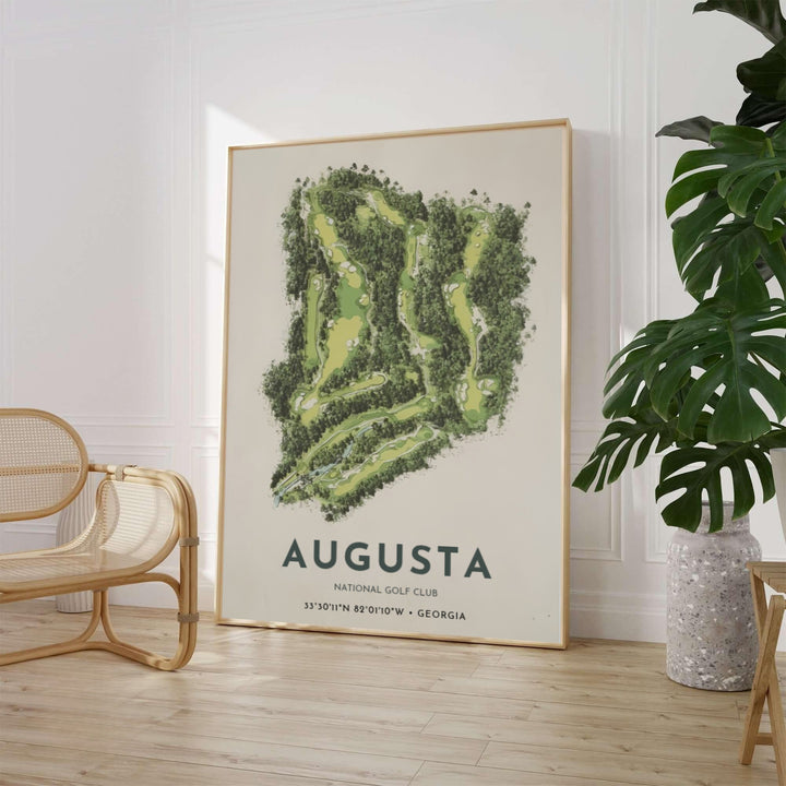 Minimalist green and cream Augusta National Golf Club aerial poster highlighting dense pine forest boundaries, pale fairways, sand traps, and bold bottom typography. Offered by MapYourDreams, this artwork is available in flexible options including unframed paper, custom wooden frames, and gallery canvas wraps for tailored home wall decor setups.