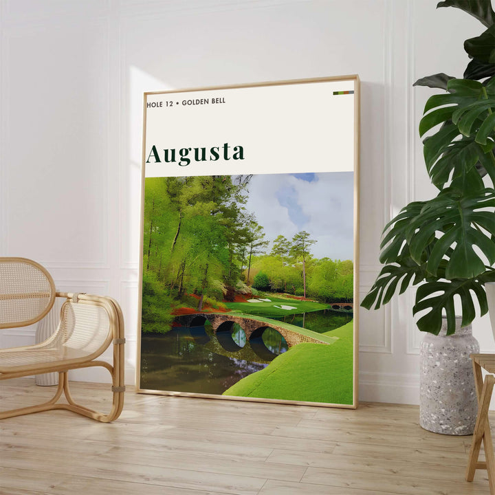 Scenic Amen Corner golf poster featuring the iconic stone arch bridge, tranquil creek reflections, and vibrant spring foliage at Hole 12 in Augusta Georgia. Offered by MapYourDreams, this artwork is available in flexible options including unframed paper, custom wooden frames, and gallery canvas wraps for tailored home wall decor setups.