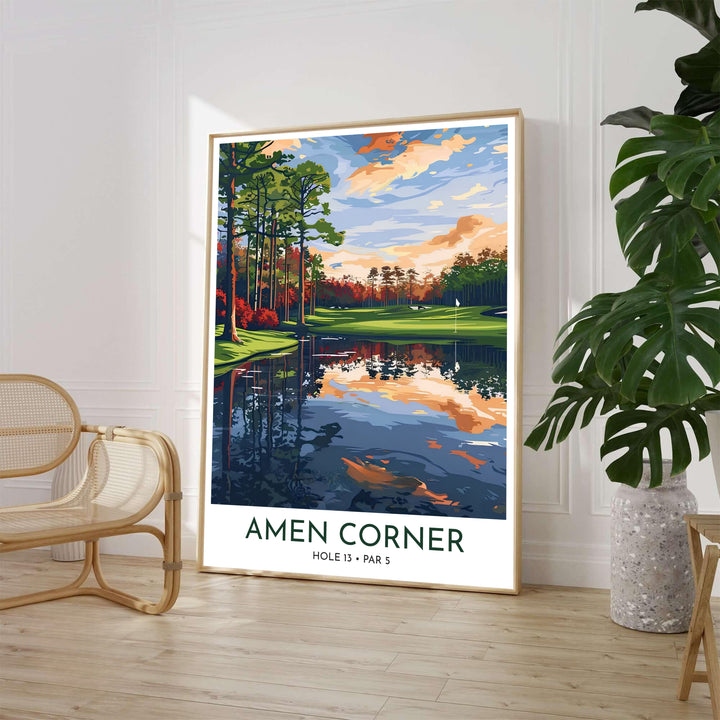 Illustrative Amen Corner golf poster depicting warm peach and orange sunset clouds reflected on the calm water surface near the Hole 13 putting green in Augusta Georgia. Offered by MapYourDreams, this artwork is available in flexible options including unframed paper, custom wooden frames, and gallery canvas wraps for tailored home wall decor setups.