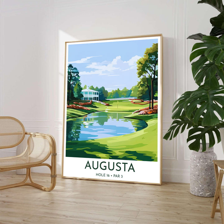 Illustrative Masters golf poster featuring calm pond reflections, contoured green turf, and vibrant redbud flower accents at Hole 16 in Augusta Georgia. Offered by MapYourDreams, this artwork is available in flexible options including unframed paper, custom wooden frames, and gallery canvas wraps for tailored home wall decor setups.