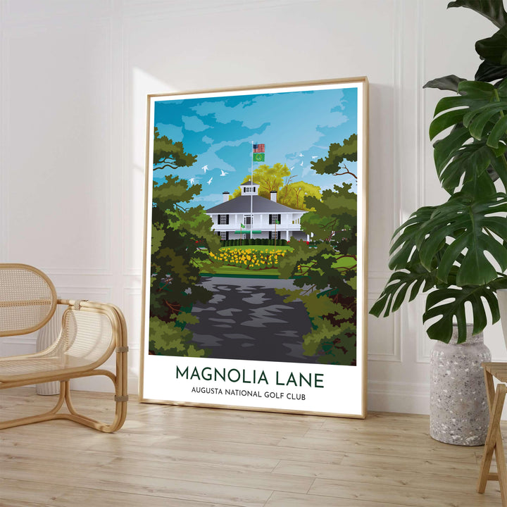 Illustrative Masters golf poster featuring dense green magnolia canopy shadows, asphalt drive reflections, and central flagpole with flying flags in Augusta Georgia. Offered by MapYourDreams, this artwork is available in flexible options including unframed paper, custom wooden frames, and gallery canvas wraps for tailored home wall decor setups.