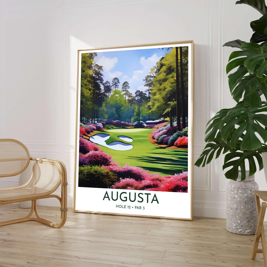 Illustrative Masters golf poster featuring lush blooming azaleas in rich pink and violet tones framing Rae&