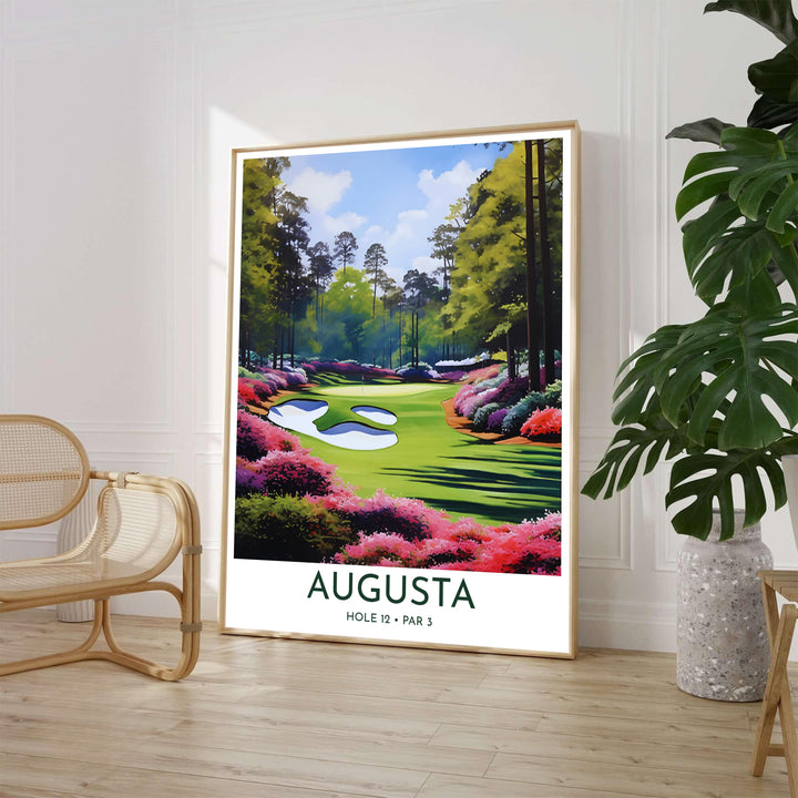 Illustrative Masters golf poster featuring lush blooming azaleas in rich pink and violet tones framing Rae&