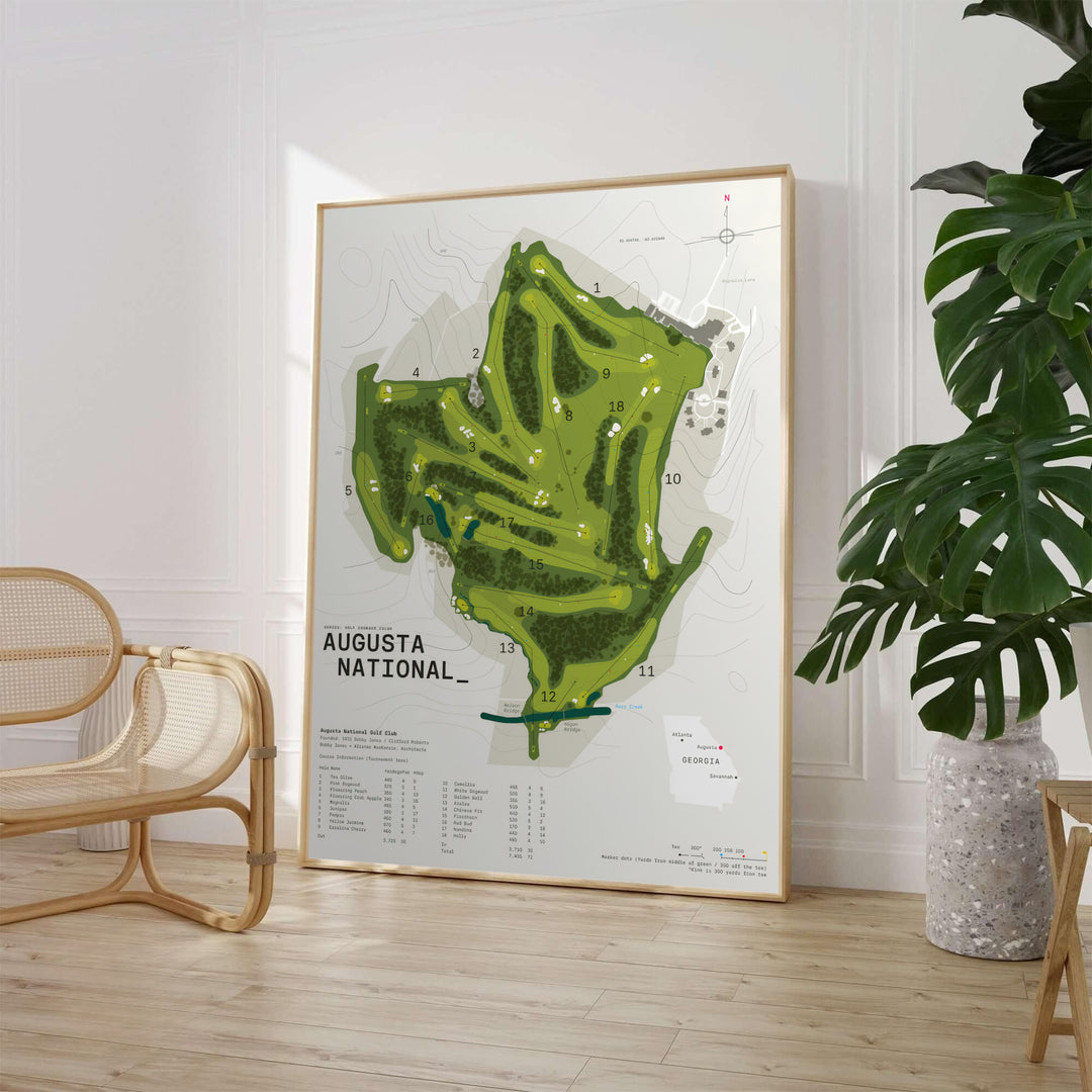 Minimalist architectural golf course map poster depicting the complete 18-hole layout of Augusta National with detailed hole names, yardage metrics, and Georgia state location map. Offered by MapYourDreams, this artwork is available in flexible options including unframed paper, custom wooden frames, and gallery canvas wraps.
