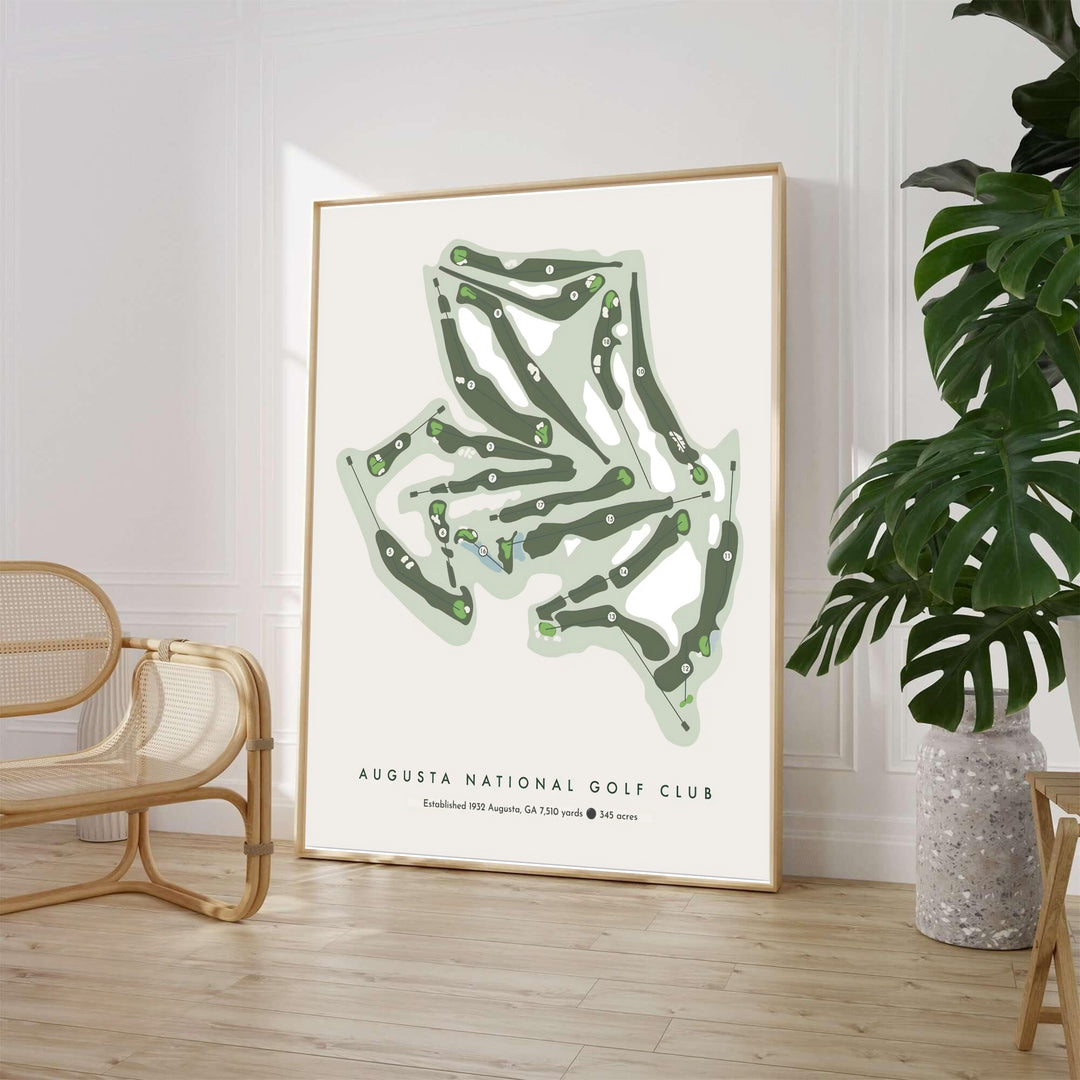 Earthy forest green and beige vector layout art of Augusta National Golf Club, featuring the complete 18-hole silhouette, putting greens, tee boxes, and water hazard details. Offered by MapYourDreams, this artwork is available in flexible options including unframed paper, custom wooden frames, and gallery canvas wraps.