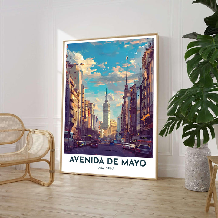 Warm sunlit urban print of Avenida de Mayo with cars, historic facades, and streetlights leading toward the Palacio Barolo spire. Curated by MapYourDreams, this print accommodates various display setups including unframed art paper, wooden frames, or canvas wraps.