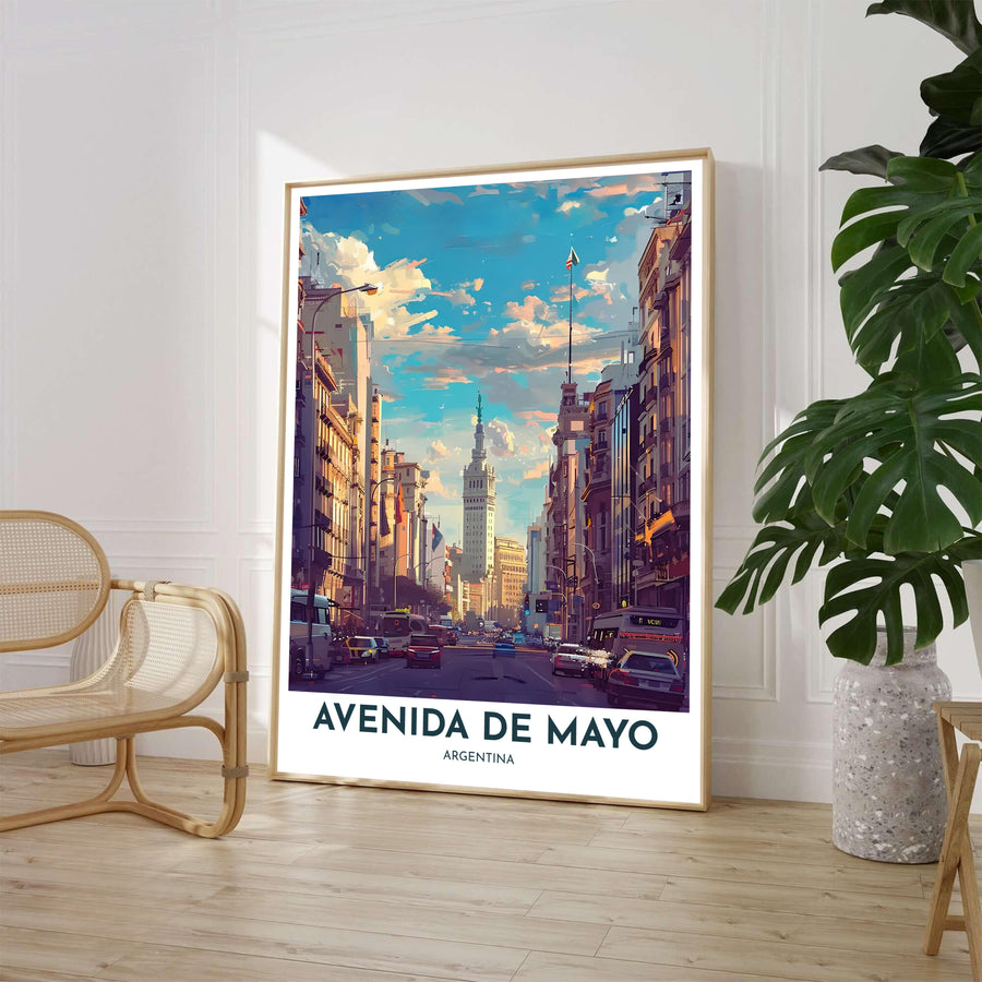 Warm sunlit urban print of Avenida de Mayo with cars, historic facades, and streetlights leading toward the Palacio Barolo spire. Curated by MapYourDreams, this print accommodates various display setups including unframed art paper, wooden frames, or canvas wraps.