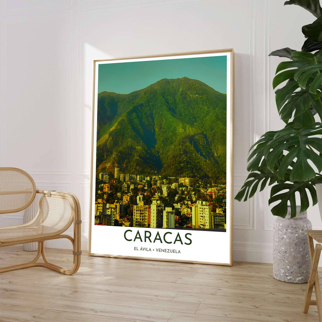 Impressionist city skyline wall art depicting high-rise apartment towers and dense green mountain ridges in Caracas, Venezuela. Available through MapYourDreams, customers can select from fine art paper, handcrafted timber frames, or stretched canvas options.