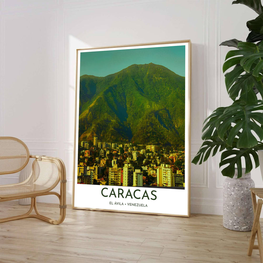Impressionist city skyline wall art depicting high-rise apartment towers and dense green mountain ridges in Caracas, Venezuela. Available through MapYourDreams, customers can select from fine art paper, handcrafted timber frames, or stretched canvas options.