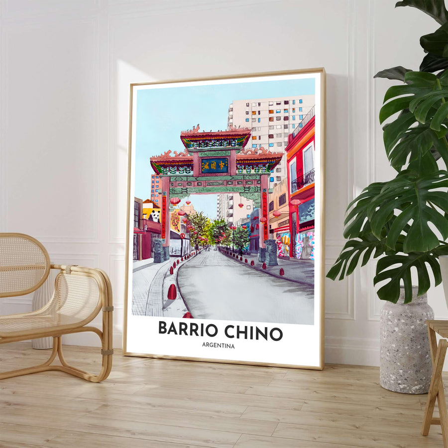 Belgrano Chinatown watercolor cityscape wall art featuring the ornate paifang arch on Arribeños Street with surrounding city buildings. Available through MapYourDreams, customers can select from versatile presentation formats including fine art paper, solid wood frames, and stretched canvas options.