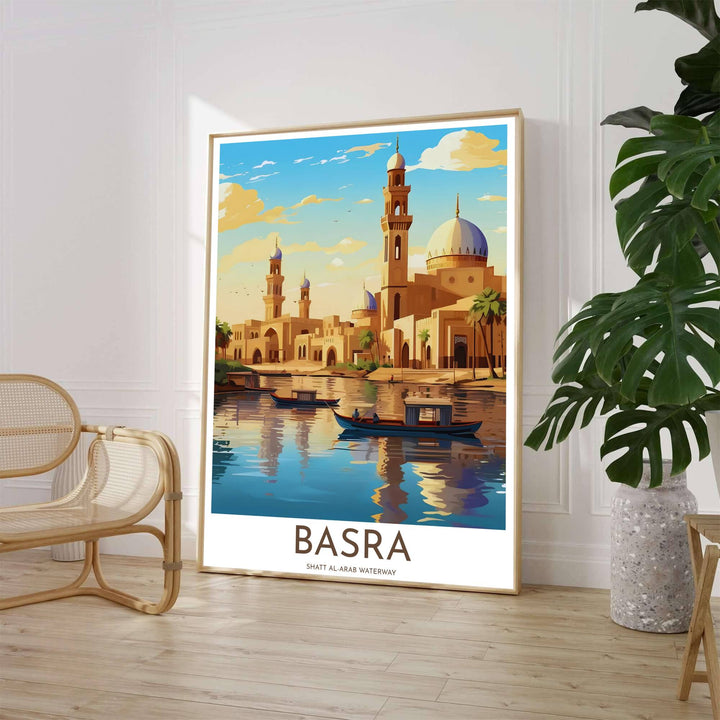 Scenic riverfront art print of Basra Iraq with traditional wooden boats gliding on reflective golden water near mosque domes. Crafted by MapYourDreams, this artwork is available in flexible options including unframed paper, custom wooden frames, and gallery canvas wraps to suit your wall decor.