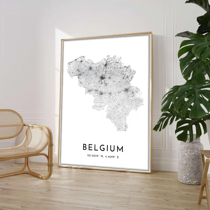 A modern cartographic art poster displaying the intricate road system of Belgium in black vector lines against a white background with precise latitude and longitude coordinates. Available from MapYourDreams in various choices like standalone unframed paper, tailored wooden frames, and gallery-wrapped canvas options.