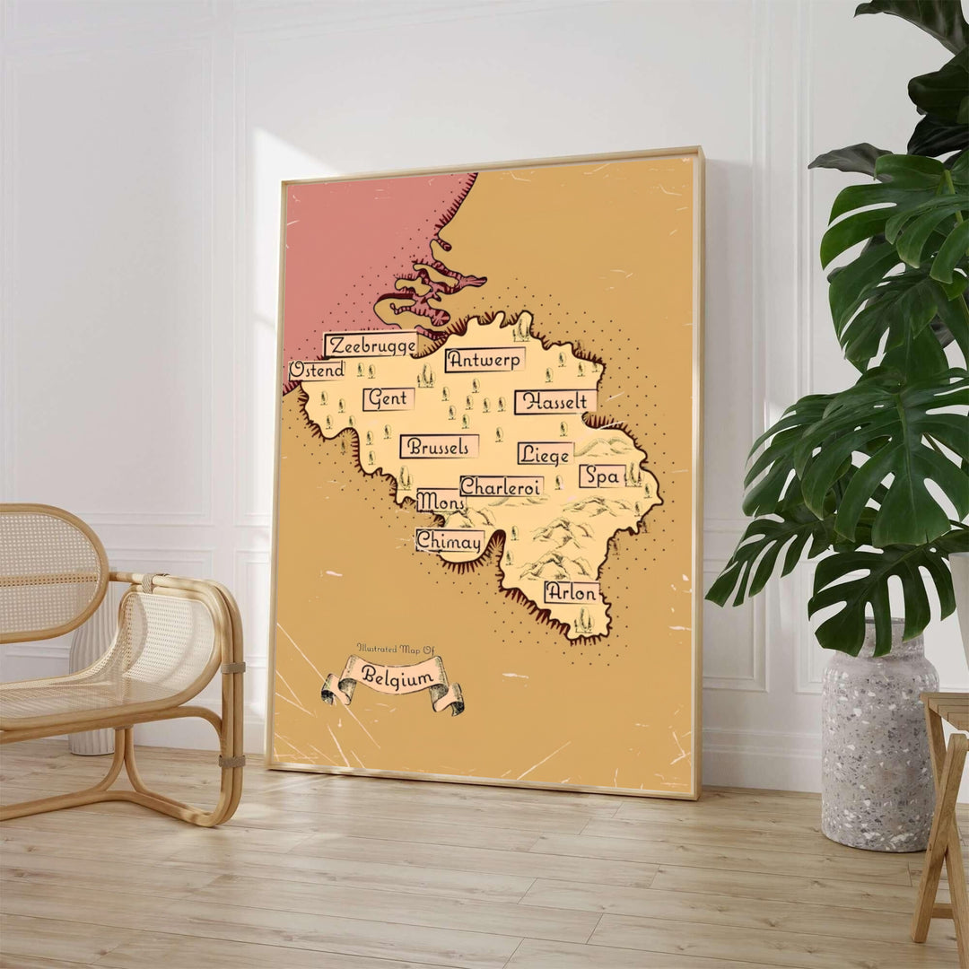 A vintage illustrated travel poster depicting the country of Belgium with calligraphic labels for Brussels, Antwerp, Ghent, and Liege over an aged parchment background. Available from MapYourDreams in various choices like standalone unframed paper, tailored wooden frames, and gallery-wrapped canvas options.