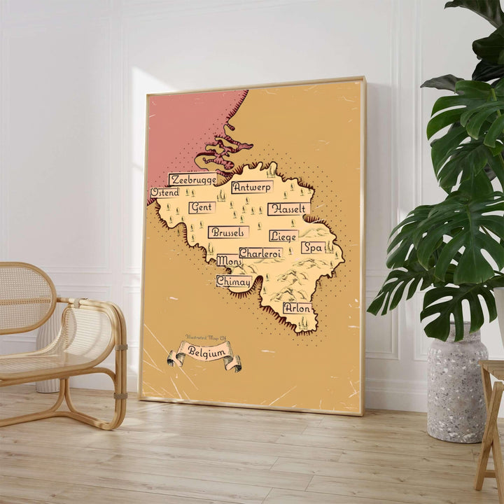 A vintage illustrated travel poster depicting the country of Belgium with calligraphic labels for Brussels, Antwerp, Ghent, and Liege over an aged parchment background. Available from MapYourDreams in various choices like standalone unframed paper, tailored wooden frames, and gallery-wrapped canvas options.