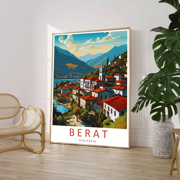 Crisp graphic artwork showing the hillside town of Berat Albania with red clay roofs, white bell tower, and majestic Balkan mountains behind. Offered by MapYourDreams, this artwork is available in flexible options including unframed paper, custom wooden frames, and gallery canvas wraps.