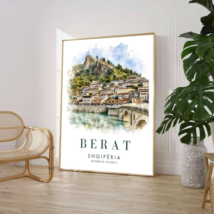 Crisp watercolor artwork showing the hillside town of Berat Albania with stone bridge, red clay roofs, and green mountain slopes behind. Offered by MapYourDreams, this artwork is available in flexible options including unframed paper, custom wooden frames, and gallery canvas wraps.