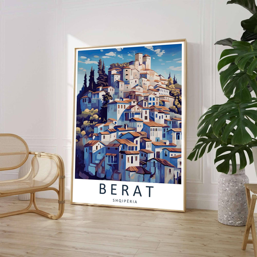 Featuring a stylized vector illustration of Berat Albania showing blue-shadowed whitewashed houses cascading down a hill under a cerulean sky, this poster elevates rooms. Offered by MapYourDreams, this artwork is available in flexible options including unframed paper, custom wooden frames, and gallery canvas wraps.
