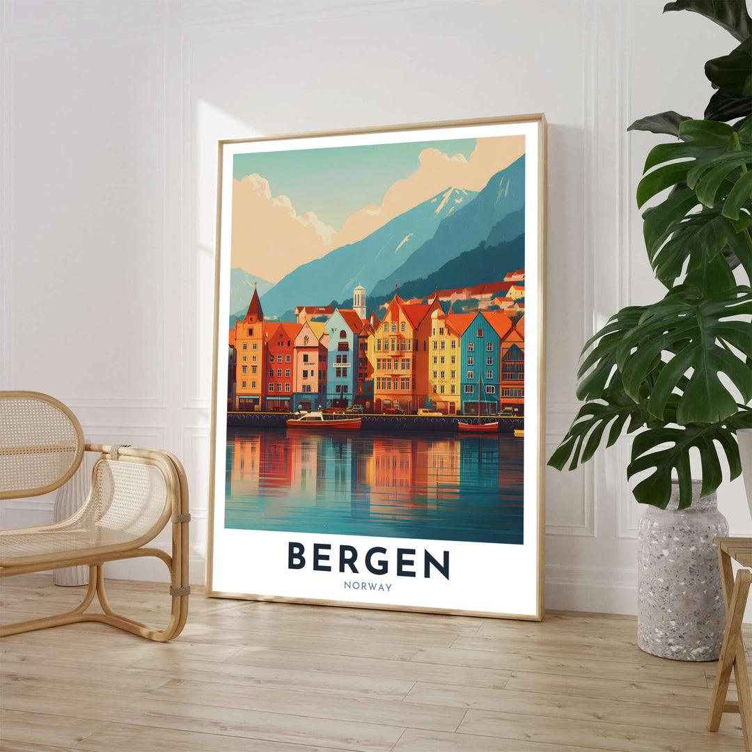 Colorful Scandinavian architecture along the historic Bryggen harbour in Bergen Norway depicted in warm vector style artwork. Perfect as a statement piece for travel enthusiasts, this versatile wall decor piece can be customized as a premium framed art print, gallery wrapped canvas, or classic unframed paper poster to suit any gallery wall space.