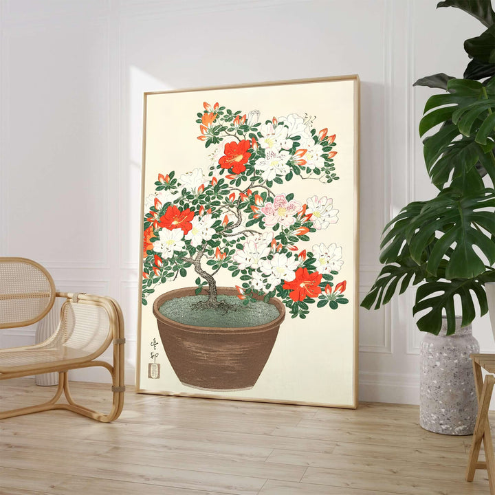Classic 1920s Japanese Shin-hanga art print featuring azalea flowers in a brown pot referencing traditional Tokyo printmakers. MapYourDreams supplies framed, unframed, and canvas poster formats.