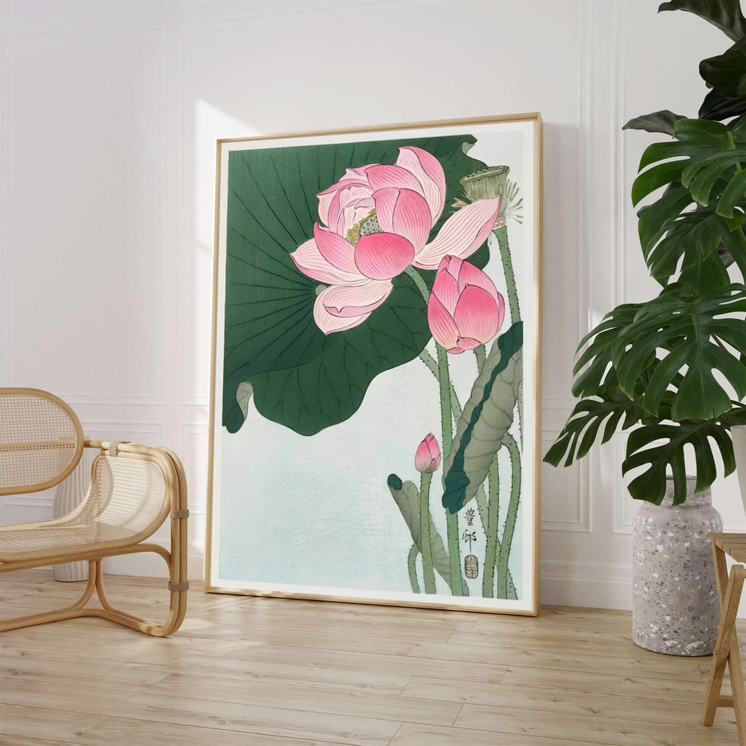 Classic Japanese Shin-hanga art print featuring lotus stems referencing traditional Tokyo printmakers. MapYourDreams supplies framed, unframed, and canvas poster formats for home wall decor.
