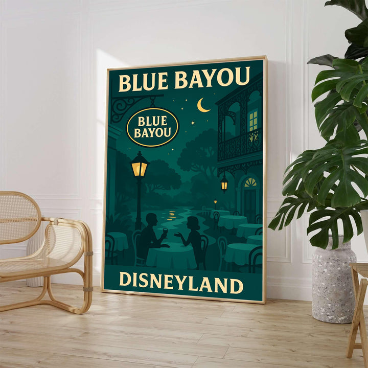 Atmospheric theme park art print featuring deep teal nocturnal views of the Blue Bayou Restaurant in Disneyland Anaheim, available from MapYourDreams where shoppers can select unframed fine art posters, gallery wrapped canvas decor, and custom frame options for home lounges.