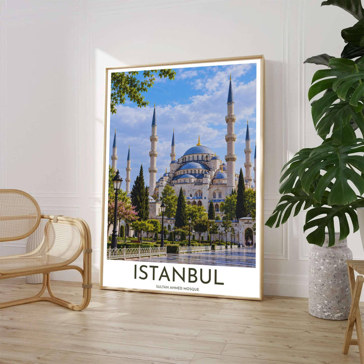 High quality photo poster of Sultan Ahmed Mosque in Istanbul featuring six minarets, cascading domes, and blue sky. Crafted by MapYourDreams, this artwork is available in flexible options including unframed paper, custom wooden frames, and gallery canvas wraps to suit your wall decor.