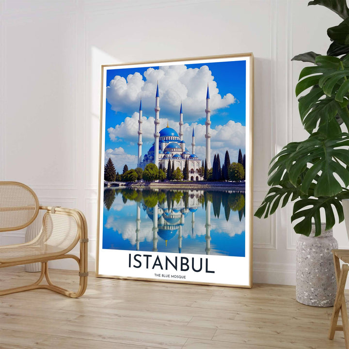Water reflection art print of Sultan Ahmed Mosque in Istanbul featuring cerulean blue sky and white cumulus clouds. Crafted by MapYourDreams, this artwork is available in flexible options including unframed paper, custom wooden frames, and gallery canvas wraps to suit your wall decor.