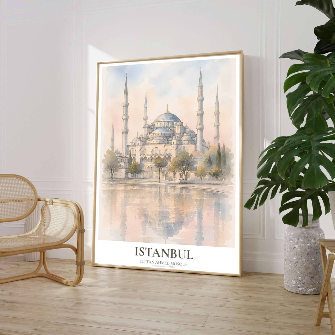 Watercolor painting of Sultan Ahmed Mosque in Istanbul featuring soft pastel sky tones and gentle water ripples. Crafted by MapYourDreams, this artwork is available in flexible options including unframed paper, custom wooden frames, and gallery canvas wraps to suit your wall decor.