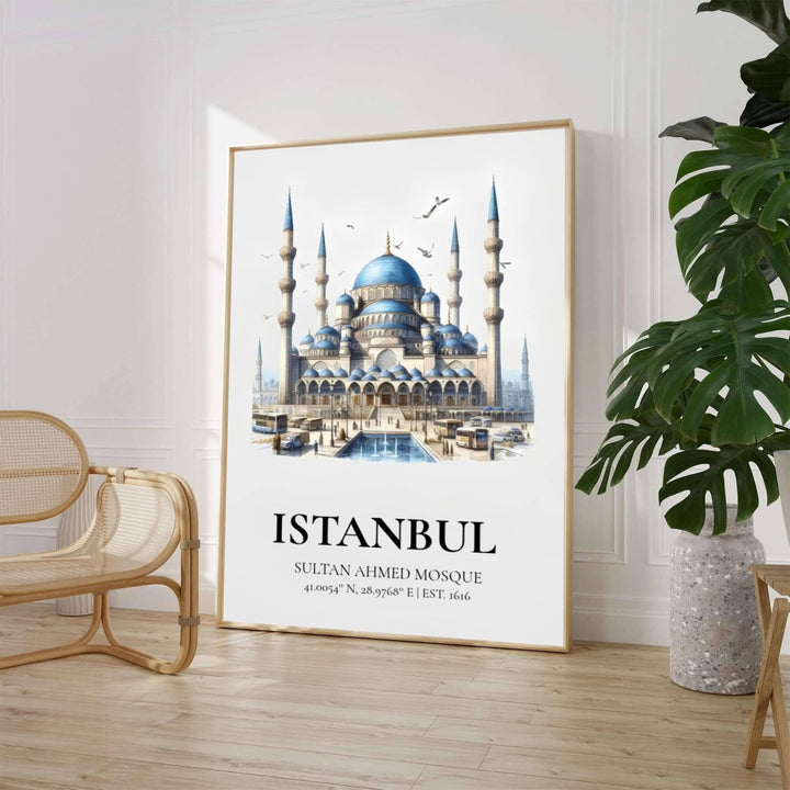 Watercolor painting of Sultan Ahmed Mosque in Istanbul featuring flying seagulls, plaza fountain, and clean white backdrop. Crafted by MapYourDreams, this artwork is available in flexible options including unframed paper, custom wooden frames, and gallery canvas wraps to suit your wall decor.