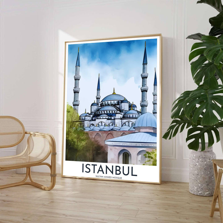 Landscape watercolor art print of Istanbul Blue Mosque showcasing towering minarets and blue dome structures. Made by MapYourDreams, this artwork is available in flexible options including unframed paper, custom wooden frames, and gallery canvas wraps for living space wall art.